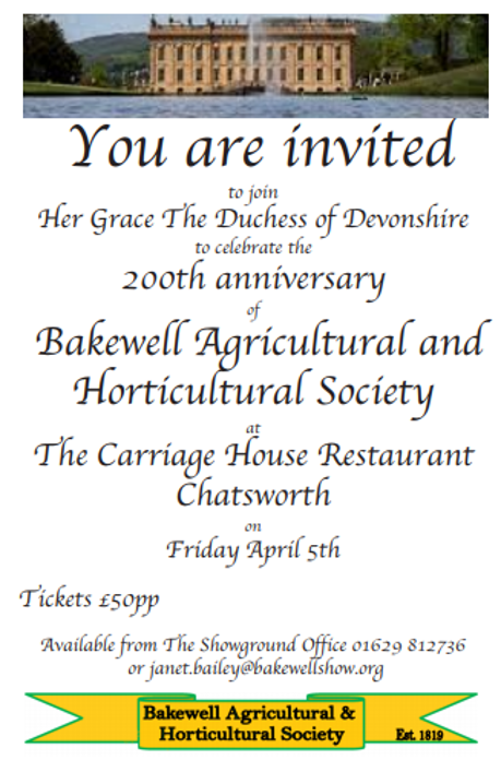 It's your LAST CHANCE to buy tickets to our fantastic 200th anniversary celebratory dinner at Chatsworth House! 

Tickets are £50pp for a delicious meal, welcome from the Duchess of Devonshire and an excellent speaker. To buy please call the office: 01629 812736. 

We can't wait!