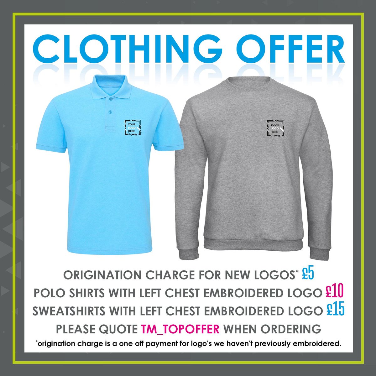 TAILORMADEDAV's tweet photo. Looking for polo shirts and sweatshirts for your company, club or team? Then look now further! 

Origination charge* £5 (one off payment for new logo's only)
Polo shirts with left chest logo £10
Sweatshirts with left chest logo £15

Please quote TM_TOPOFFER when ordering https://t.co/zKrSSgonfc