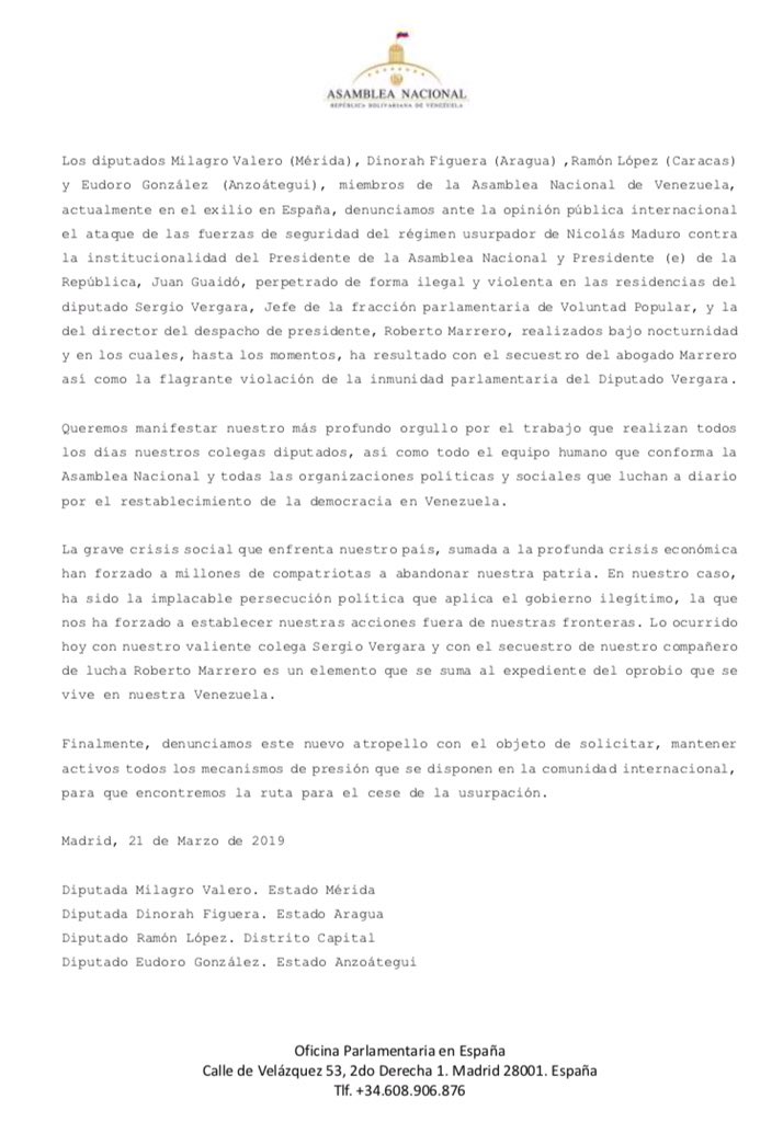 Eudorogonzalez's tweet photo. Nos pronunciamos sobre arbitraria detención de @ROBERTOMARRERO y allanamiento vivienda de @SergioVergaraG, violando su inmunidad parlamentaria. Solicitamos mantener activos mecanismos internacionales de presión sobre régimen de Nicolás Maduro para lograr el cese de la usurpación https://t.co/KpjP37fHzE