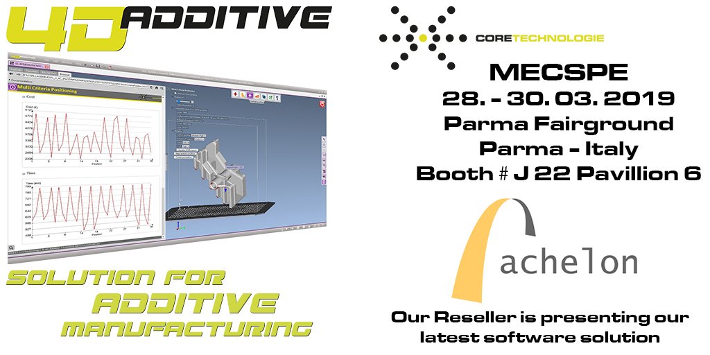 CoreTechnologie's tweet image. #SaveTheDate #CTpartner @Achelon will participate to @MECSPE on the 28- 30.3.2019 in Parma-Fairground,Italy. Find out 4D_Additive software tool &amp;amp; the ultimate #CADconverter 3D_Evolution software suite presented by our reseller.#MECSPE #Achelon #CoreTechnologie #4D_Additive