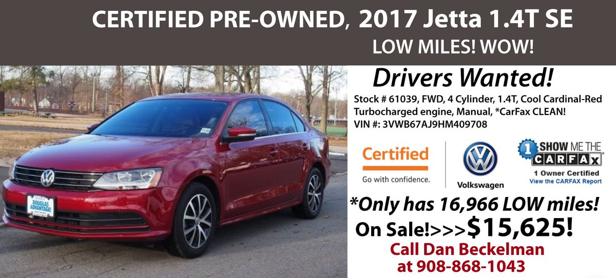 *Deal of the Week! WOW! Check out the mileage on this beauty!
#usedcars <a href="/DouglasVW/">Douglas Volkswagen</a> <a href="/VW/">Volkswagen</a> #nj #NewJersey #summitnj #usedjetta #certifiedpreownedvw