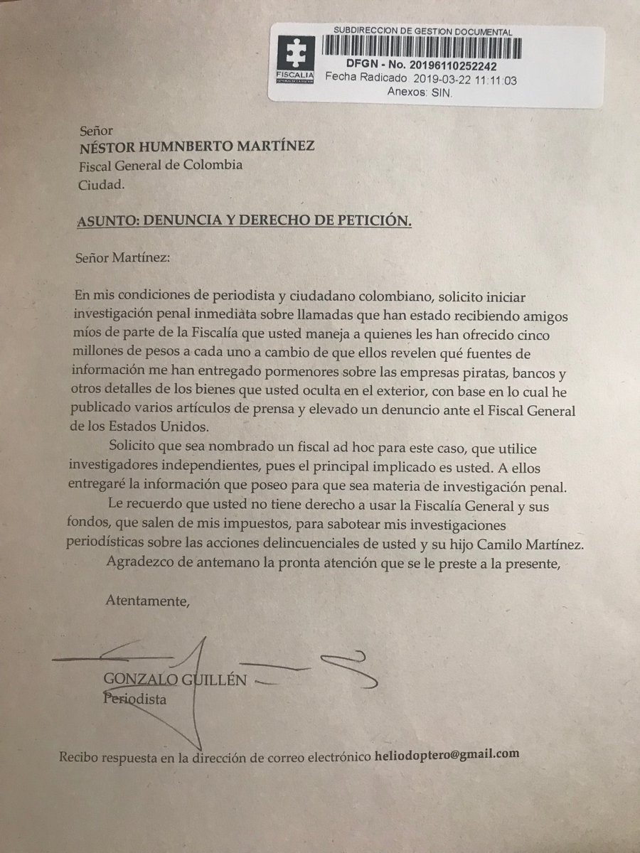 No tuve más remedio que denunciar ante él mismo las fechorías del hampón N. Humberto Martínez y sus compinches. Así de podrido está este país. ⁦<a href="/USEmbassyBogota/">US Embassy Bogota</a>⁩ ⁦<a href="/FBI/">FBI</a>⁩ ⁦<a href="/DCoronell/">Daniel Coronell</a>⁩ ⁦<a href="/JERobledo/">Jorge Enrique Robledo Senado #10 Ahora Colombia</a>⁩ ⁦<a href="/MJDuzan/">María Jimena Duzán</a>⁩ ⁦<a href="/CeciliaOrozcoT/">CeciliaOrozcoTascón</a>⁩ ⁦<a href="/PGN_COL/">Procuraduría General de la Nación</a>⁩