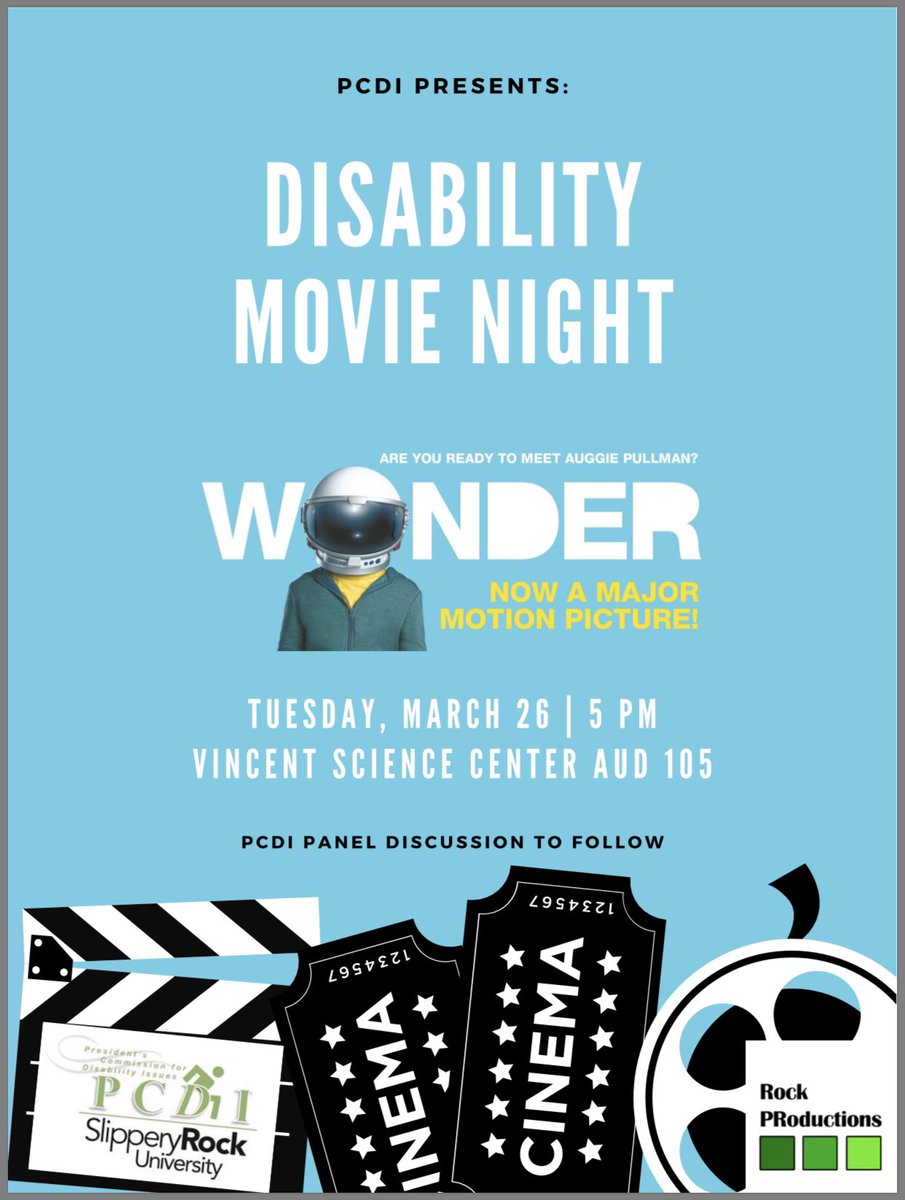 PCDI_SRU's tweet photo. Join us for the movie WONDER on Tuesday, March 26th at 5pm!  Panel discussion with #PCDI commission members immediately following the movie. We hope to see you there!!! @slipperyrocku @sruODS @ https://t.co/KwrVPHxRCS