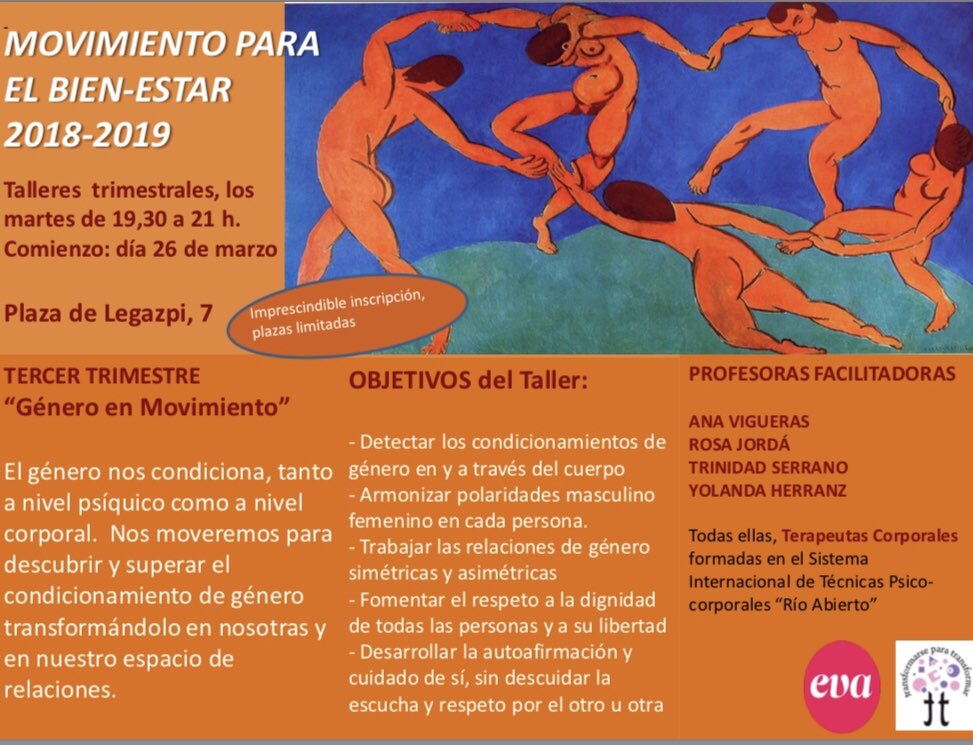 TTransformarse's tweet photo. Tercer trimestre de Movimiento para el Bien-Estar. Los martes de 19:30 a 21:00. A partir del 26 de marzo. En @EspacioEva https://t.co/NP8F5qbcX4