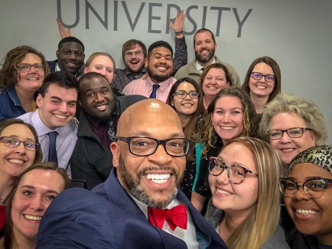 SkyeAtRU's tweet photo. We always love when President @BrianOHemphill stops by to see us in the admissions office! Especially when we have time to take a big family selfie! Can you tell we’re all super excited for Highlander Day tomorrow? ❤️ #readyforradford #Radford2023 https://t.co/hTxVbk2snp
