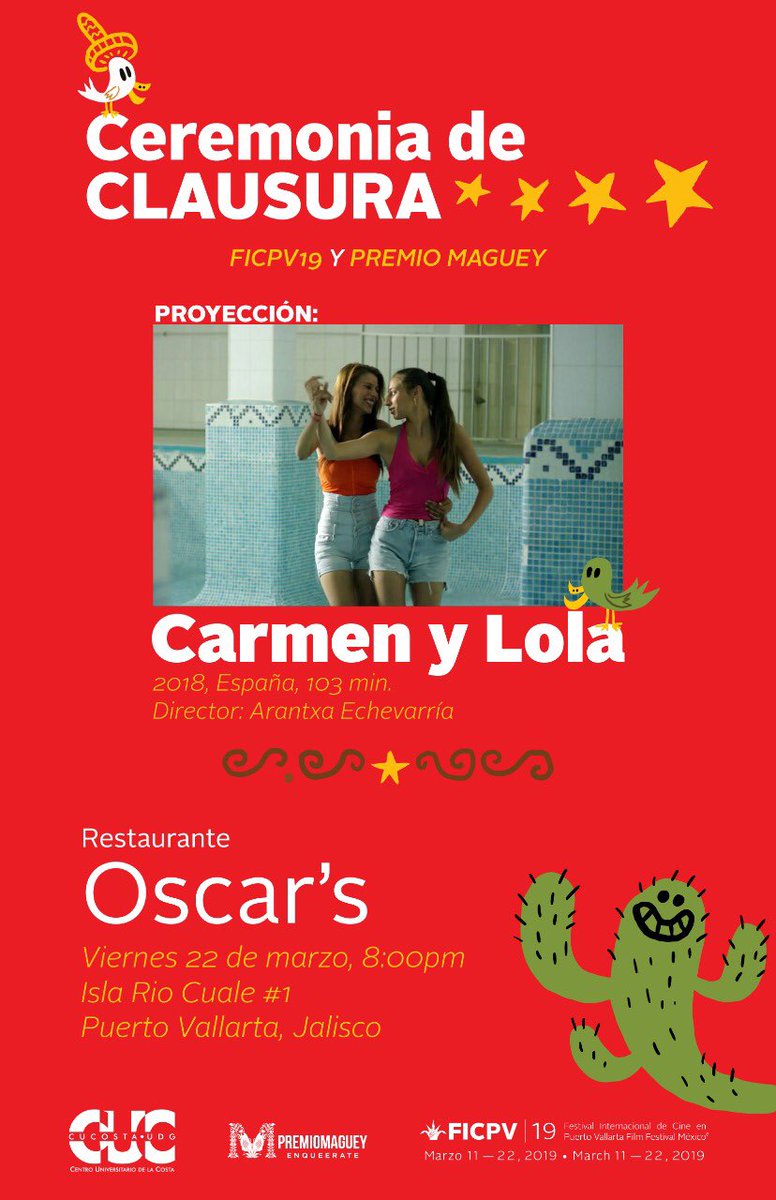 PremioMaguey's tweet photo. Los esperamos hoy en la Ceremonia de Clausura del @FICPV_CUCosta y Premio Maguey con la proyección de CARMEN Y LOLA a las 8pm en el restaurante Oscar’s.
#FICPV19 #PremioMaguey #Enqueerate https://t.co/H4XIhpbRbh