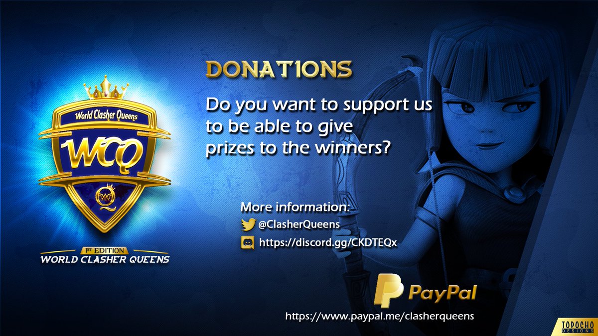 Si deseas colaborar para auspiciar el torneo puedes realizar tus donaciones vía PayPal. 

paypal.me/clasherqueens

Los fondos recaudados serán para brindar premios a las ganadoras, a los MVP, de esta y futuras ediciones del torneo 🥇 ❤ 

Toda la ayuda cuenta😚

❤️ &amp; 🔁.