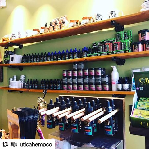 uticahempco's tweet photo. TGIF! Now if only mother nature would bring on the good weather! Our shelves are stocked and we've got new CBD teas, CBD sodas, and CBD flavored water, CBD Hemp Flower, CBD Pain patches, T-shirts, mugs, and of course our premium CBD oil. Come by and say hi we're here till 5pm. https://t.co/GVqGPqYbda