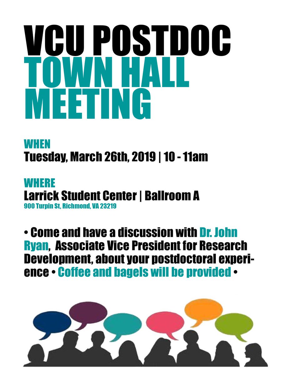 VCU_PDA's tweet image. #VCUpostdocs mark your calendars: Postdoc Town Hall, Tuesday, March 26, 10am, Larrick Center, Ballroom A 🙋‍♀️🙋‍♂️🗣️