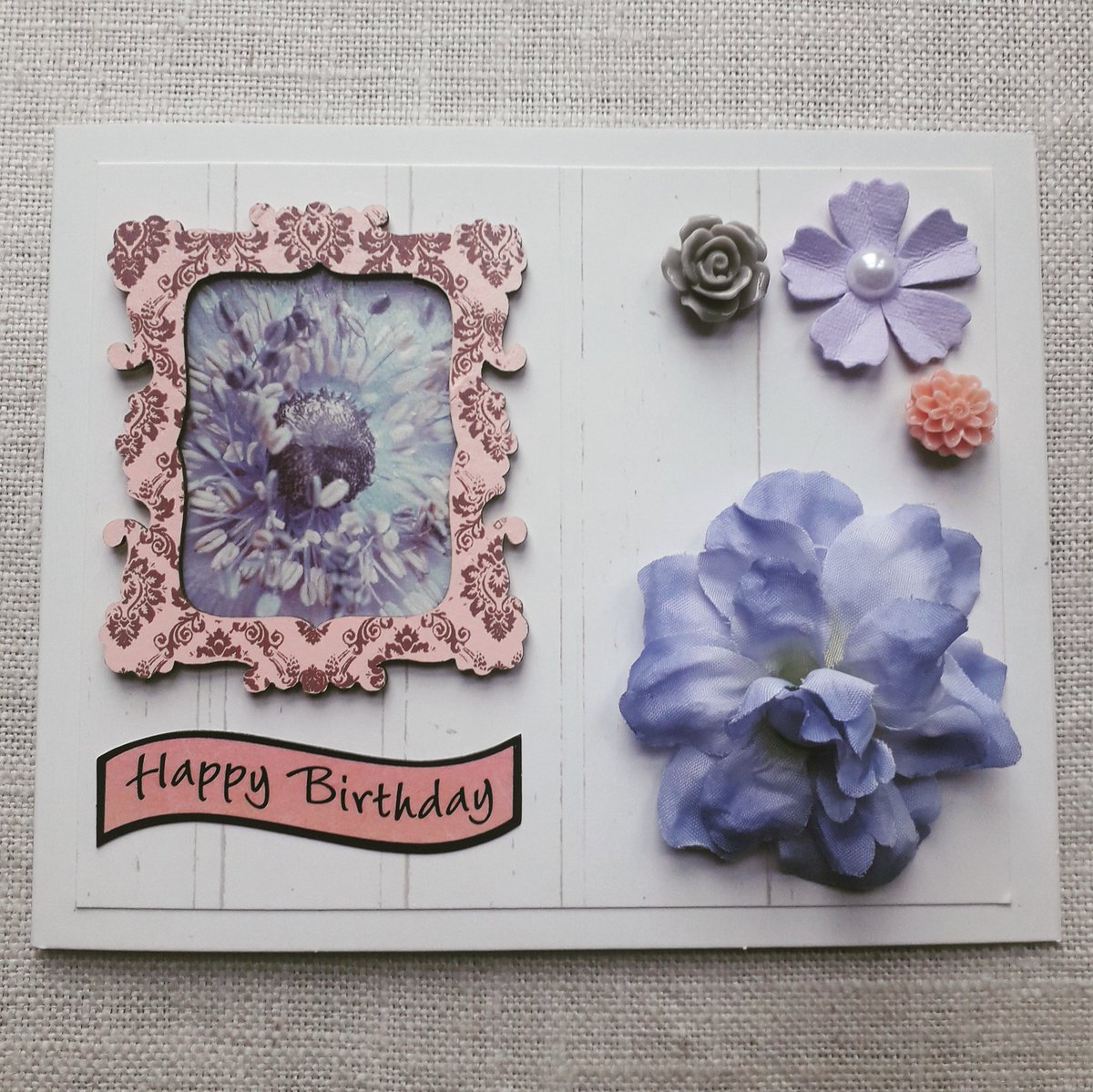 LadybirdLab's tweet photo. #Handmade #Birthday #Card from the #LadybirdLab especially made for @UteManecke 💗 #MadeWithLove #Paper #CardMaking #HandmadeCards #HandmadeCard #MiltonKeynes #Flowers #recycling #BirthdayCard #Wood #MixedMedia #Buttons #Frame #Fabric #FabricFlowers #PaperFlowers #Purple #Pink https://t.co/yeGu44P0B3
