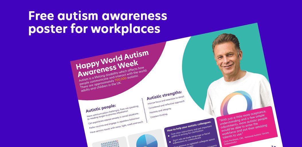 Our ambassador, <a href="/ChrisGPackham/">Chris Packham</a> CBE, has helped us compile this poster for you to hang up in your workplace. It's a clear and simple way to help everyone understand autism and how to support autistic colleagues: bit.ly/2U6JBOk