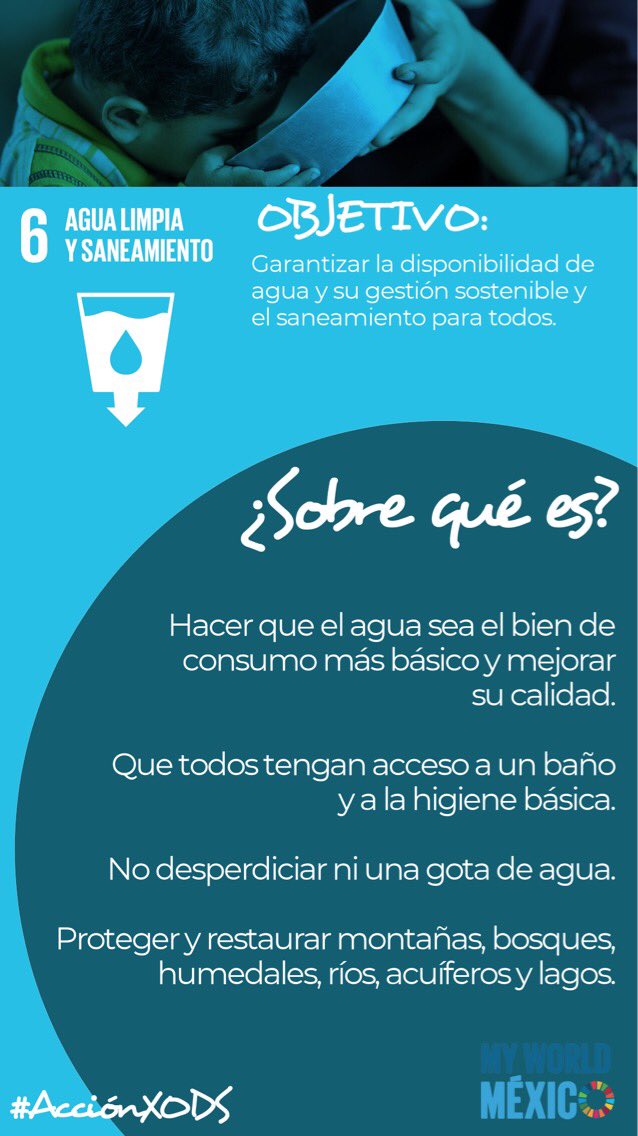 MYWorldMexico's tweet photo. Hoy 22 de marzo es el #DiaMundialdelAgua 💧 

El tema de este año es “No dejar a nadie atrás” se trata de una adaptación de la promesa central de la #Agenda2030 

El #ODS6 consiste en garantizar  la disponibilidad y la gestión sostenible del agua y saneamiento de aquí al 2030. https://t.co/pXfpqBGhj3