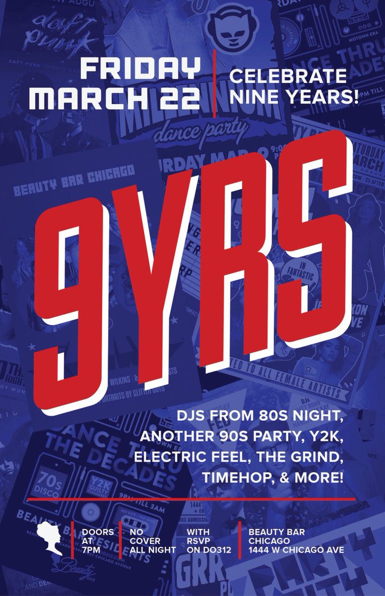 Tonight! Doors open at 7pm for <a href="/BeautyBarChi/">Beauty Bar Chicago</a>’s 9YRS Anniversary Celebration - No Cover All Night w RSVP on <a href="/Do312/">Do312</a> here: do312.com/bbanni9 🥂🎶🥂🎶🥂