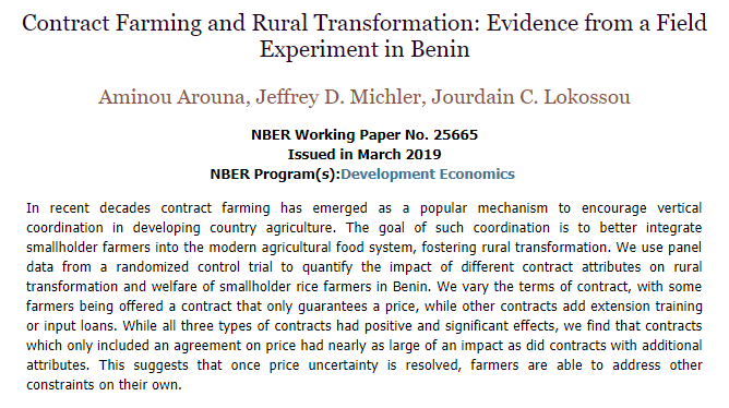 nberpubs's tweet photo. The impact of different contract attributes on the production and income of small rice farms in Benin, from Aminou Arouna, Jeffrey D. Michler, and Jourdain C. Lokossou https://t.co/mk0p9Mgbu8 https://t.co/ZY6yv0Z2VO