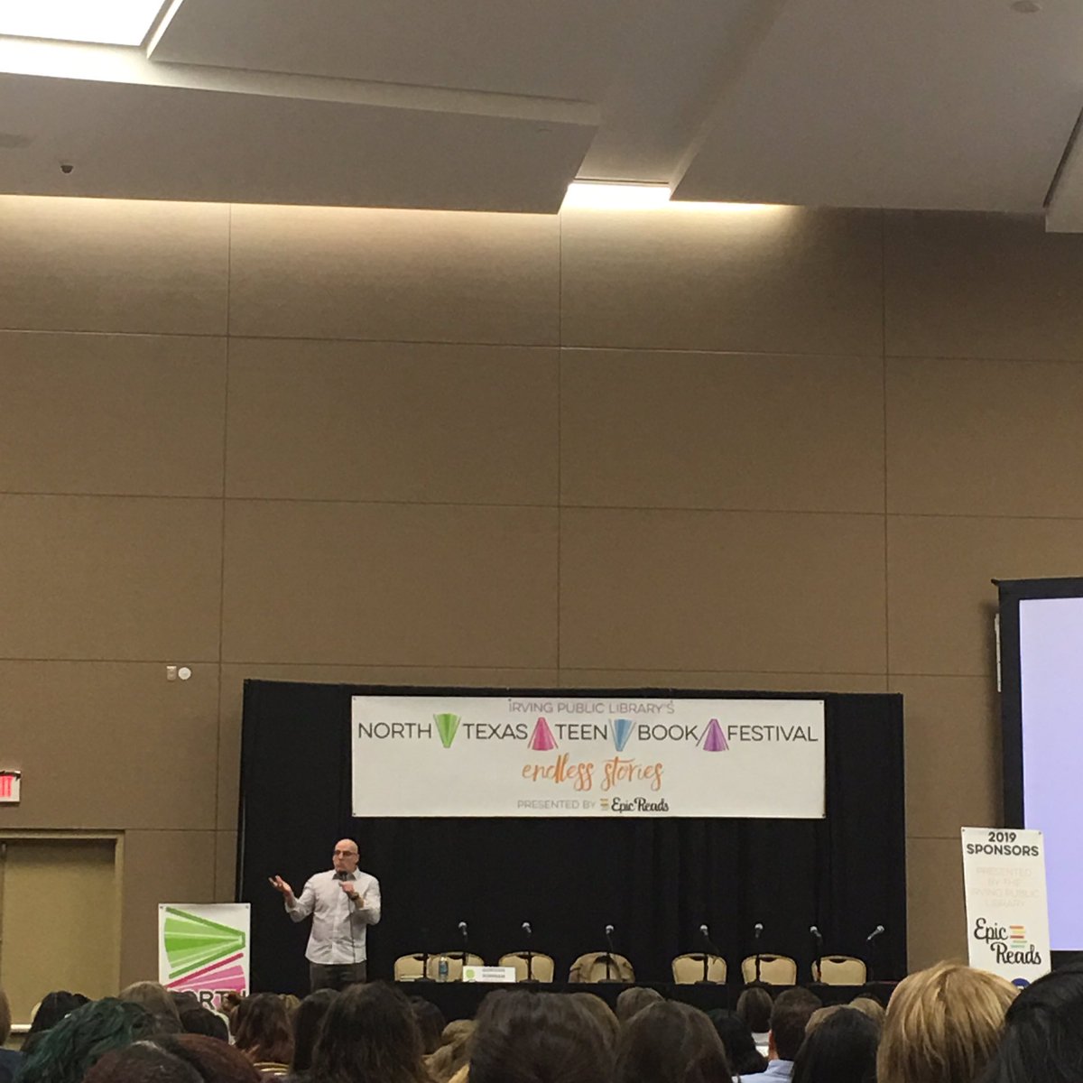 Listening to <a href="/gordonkorman/">Gordon korman</a> at EdDay <a href="/NTTBFest/">North Texas Teen Book Festival</a> “The most powerful words in writing are ‘What if.’” Have writers block? Give it a try! <a href="/GriffinMSGators/">Griffin MS</a> #griffinlibrary #gatorreads #NTTBF19