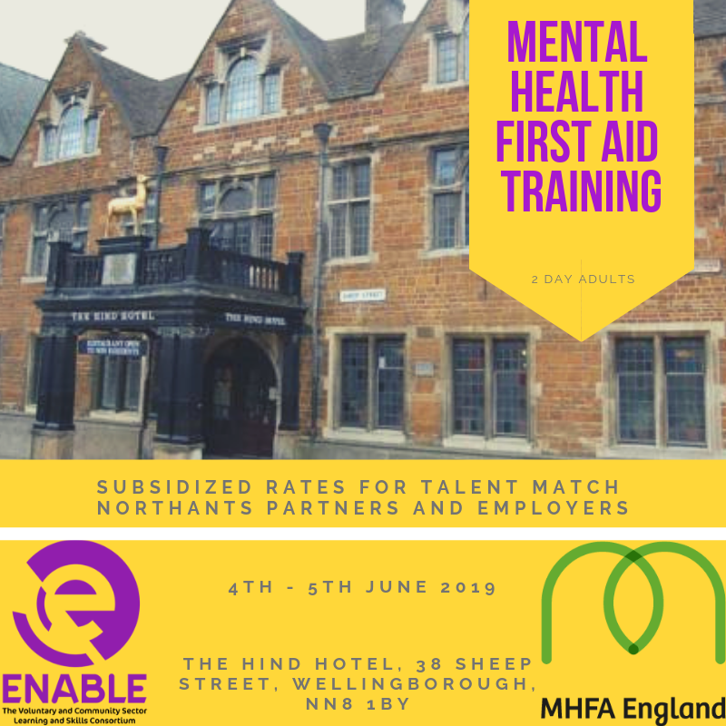NorthantsTM's tweet photo. Interested in learning how to help people with Mental Health difficulties? @EnableNotts are running Mental Health First Aid Training this summer and TM Northants Partners and Employers can take part for a reduced fee! Sign up today secure your place! https://t.co/WbRKWIjMsy https://t.co/J70XibNIbs