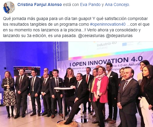 Estupenda jornada la que hemos vivido hoy en la presentación de los proyectos desarrollados en la 1ª edición del Programa #OpenInnovation40. 
Verlo ahora ya consolidado y lanzando su 3ª edición, ¡es una pasada! 😊
#CEEIAsturias @IDEPAsturias #GrupoIDEPA 
ℹceei.es/agendaficha.as…