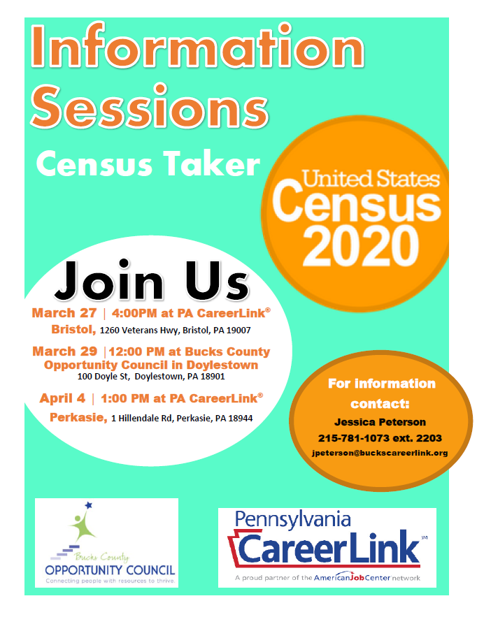 PACareerlinkBC's tweet photo. Census 2020 census taker Information Sessions!!  Join Us 3 different times &amp; places!  March 27th, March 29th and April 4th!  PA CareerLink® Bucks County and Bucks County Opportunity Council are hosting these sessions!   Please see flyer below for details!
#BucksCounty #Census #US https://t.co/CNA6ZziRaA