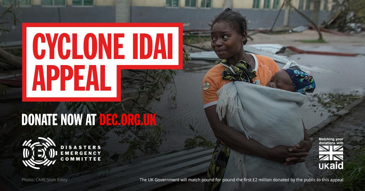 DFID_UK's tweet photo. Following the British public’s overwhelming generosity to the @DECappeal, which has now raised £8 million for Cyclone Idai victims, the UK will match pound-for-pound a further £2 million of donations. 

Please donate if you can: https://t.co/qeyLeJJ3eT https://t.co/vRGmTpBXjq