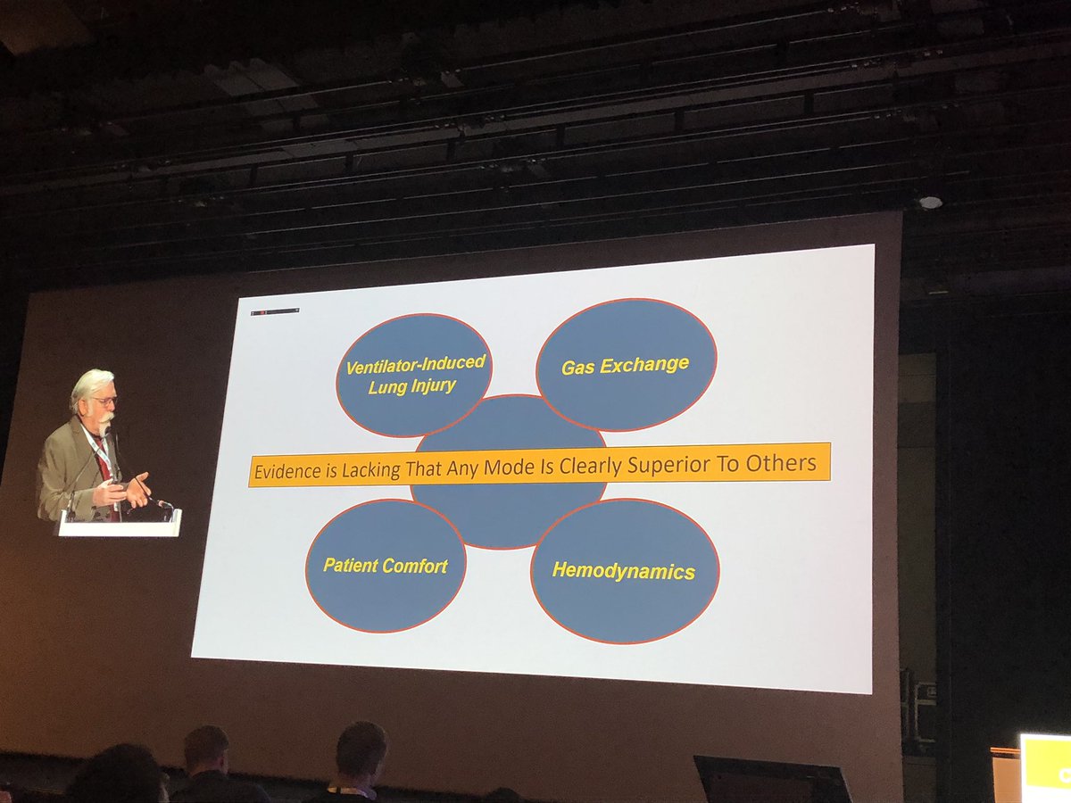 #Hess on spontaneous ventilation modes: Evidence is lacking that any mode is clearly superior to others. #ISICEM19