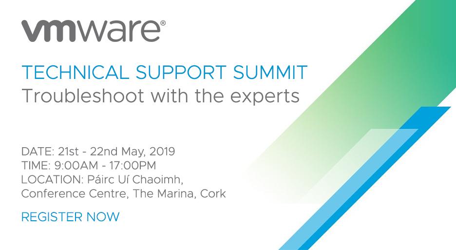 VMwareIreland's tweet photo. Our annual Technical Support Summit is back in Cork for its 6th year! Meet and learn from our Global Services experts on May 21st and 22nd – Register here: https://t.co/FEHIxKutQl #VMwareCork #vtechsummit19 https://t.co/AjdTi9ZnVU