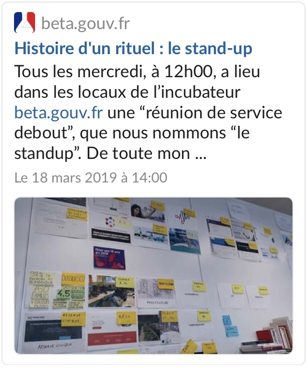 AlphaGouv's tweet photo. Le 20 février nous étions 100 personnes réunies pour le standup hebdomadaire @BetaGouv. Retrouvez l'histoire de ce rituel et de 4 ans d'amélioration continue par @ppezziardi 👉🏻 https://t.co/KRrgsfXirK https://t.co/0oUFXF1Vc8