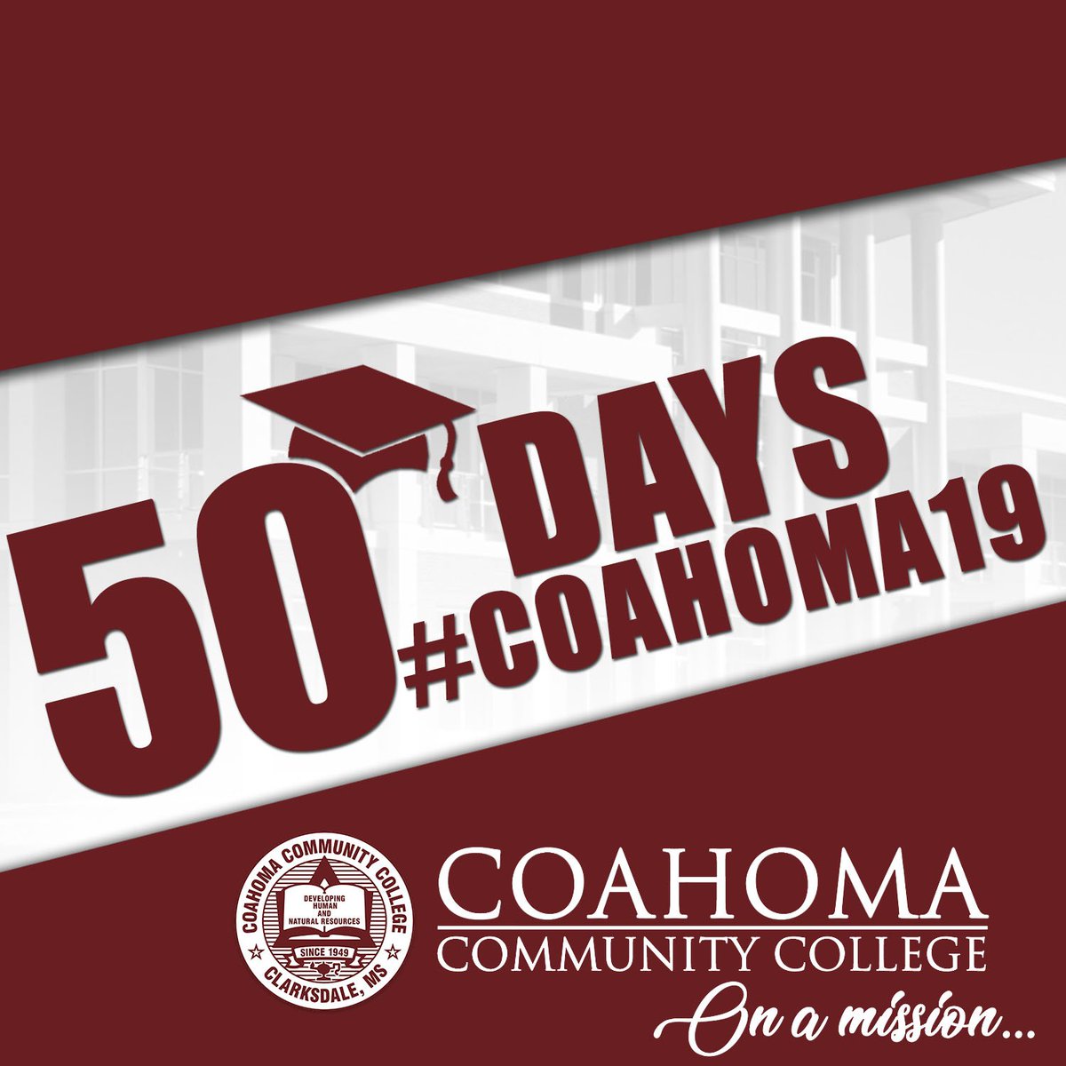 CoahomaCC's tweet photo. Today marks 50 days until #Coahoma19 officially graduates from Coahoma Community College. Study hard, stay focused and be sure to meet us in The Pinnacle on Saturday, May 11, 2019! #CoahomaProud #Since1949 #CCCGrads #Coahoma_rys19 https://t.co/ku6SEa4I4v
