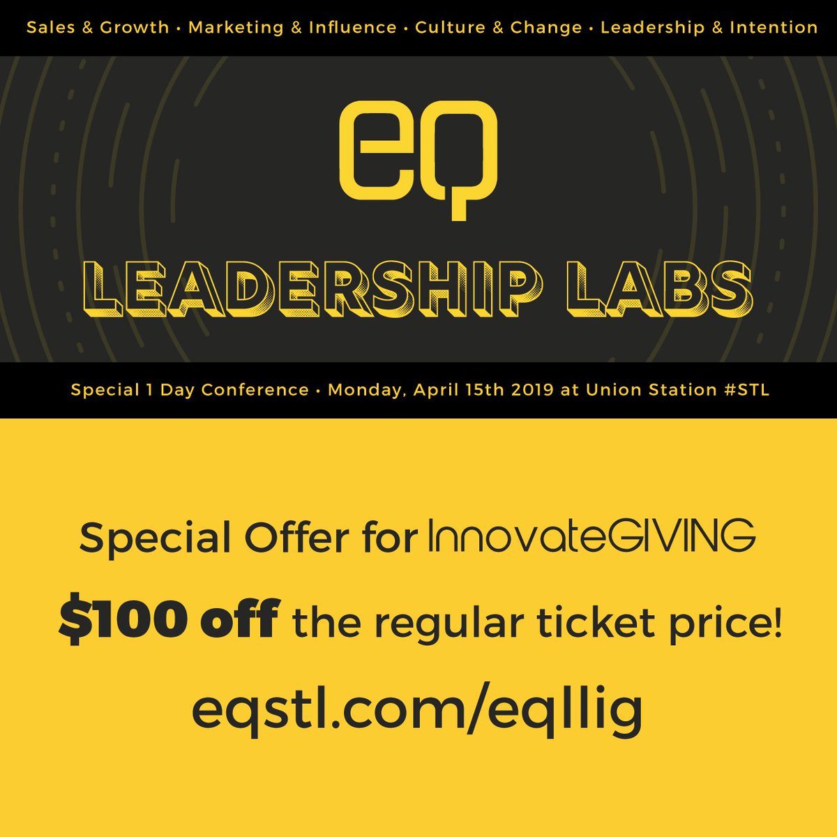InnovateGiving's tweet photo. Hey #STL join us for #EQLeadershipLabs at @goMDMC. Innovate Giving has partnered with @eqstl to bring you the Culture &amp; Change track. Don't have a ticket? Here's link for $100 OFF the Regular Price! https://t.co/J2hwaMJdFq #stlouis #socent #csr #socialresponsibility https://t.co/Tv0X02GwAl