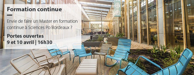 ScPoBx's tweet photo. Envie de faire un Master en formation continue Ă Sciences Po Bordeaux ?
PrĂ©sentation des formations, calendriers, modalitĂ©s dâinscription, financements, VAE etc⊠RDV aux Portes ouvertes de la Formation continue @ScPoBx les 9 et 10 avril https://t.co/MH8kSWBDUW https://t.co/OypJ2AU0a2