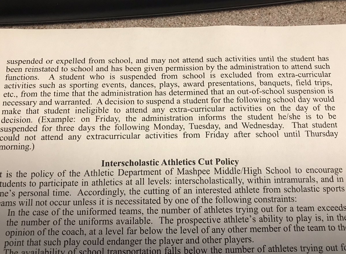 MashpeeAthletic's tweet photo. A reminder that to be able to participate in extracurricular activities (athletics are included here) you must be in school by 8:00am. If you are tardy unexcused after 8:00am you cannot practice or play that day.
#Mashpee
#StudentHandbook https://t.co/qwQlOnnkQU