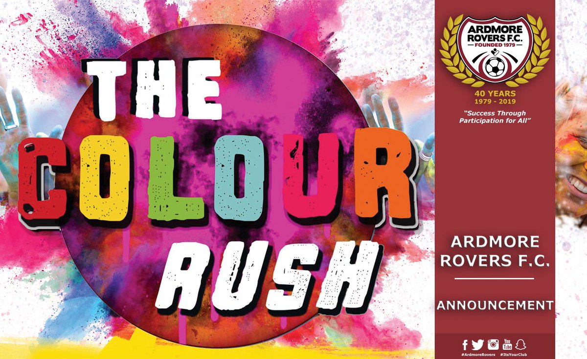 TheColourRush's tweet photo. ***COLOUR RUSH ANNOUNCEMENT***

Ardmore Rovers have decided that their annual fundraiser, The Colour Rush Fun Run, will not take place in 2019.

As we are celebrating our 40th year as a club, our efforts are being redirected towards our anniversary...

https://t.co/fdMPO0BHd8 https://t.co/WeKlAijIfo