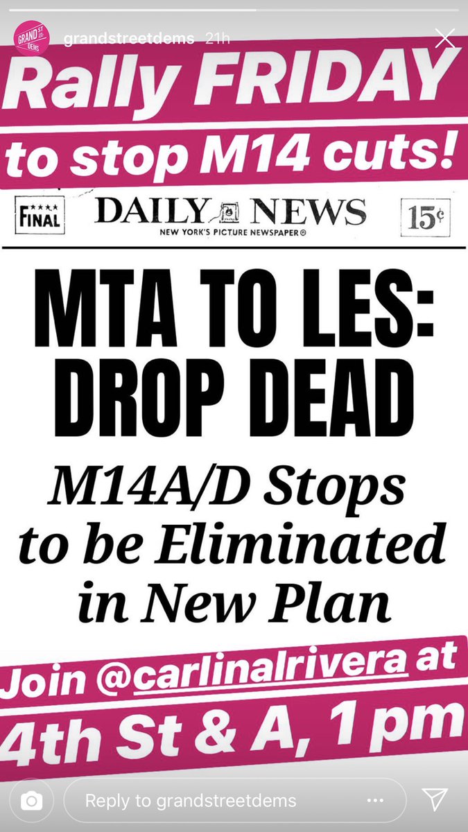 GrandStreetDems's tweet photo. Rally today to stop proposed M14 cuts! Join us @carlinarivera’s protest at 1 pm, Ave A & East 4th St. District Leader @claskow & Grand St Dems will see you there! #SaveM14Service #M14Bus #M14AHasToStay https://t.co/zWkXTAlHCz
