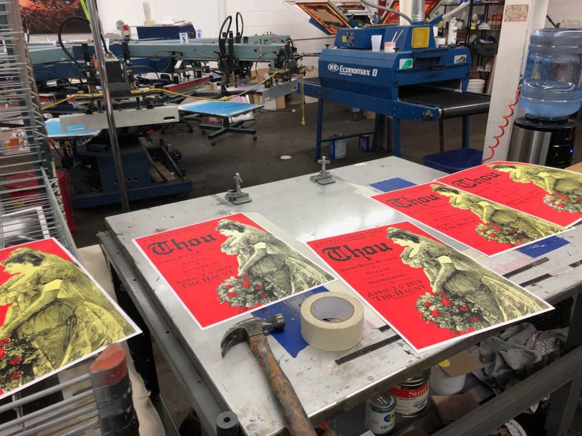 Screen printed posters by our friend Eric Fisher for the upcoming <a href="/eyehatethou/">Thou</a> + <a href="/EmmaRuthRundle/">Emma Ruth Rundle</a>  show at <a href="/HauntIthaca/">The Haunt</a> ! Love how these are coming out.
#sludge #folk #experimentalmusic #diy #ithaca #thou #emmaruthrundle