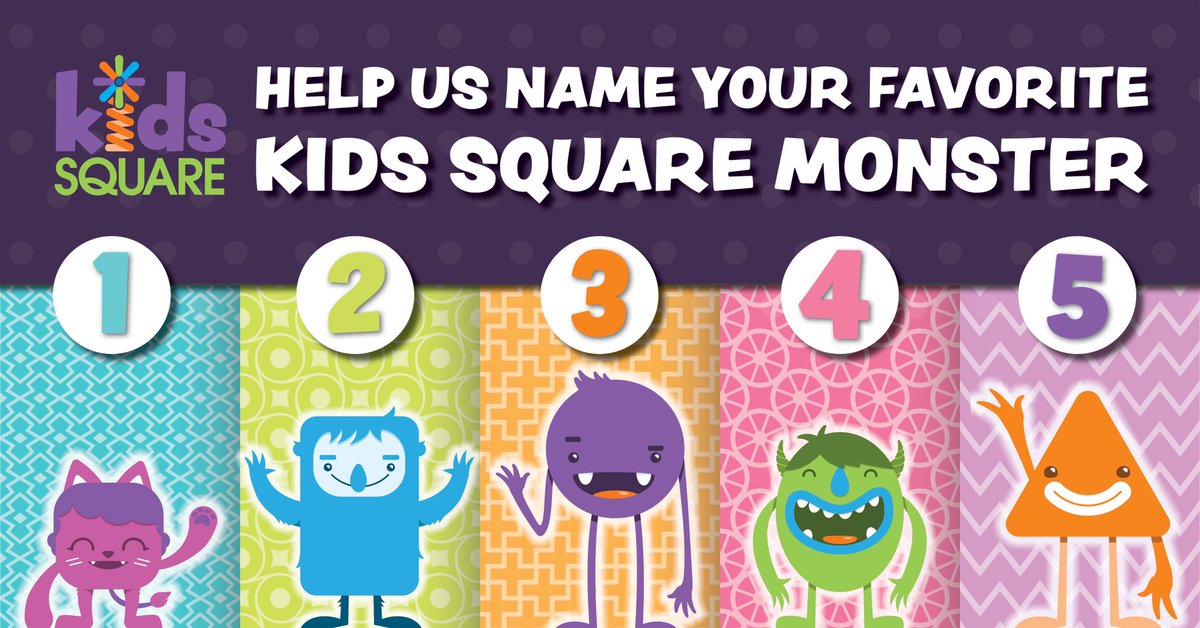 💜 MASCOT CONTEST: We need a Kids Square mascot but we cannot decide which one of our lucky little monsters it should be or what name he/she should have. Help us decide? Pick your favorite KS monster below &amp;  give it a name. Win an awesome Easter Basket. Contest ends 3/31 at 5pm.