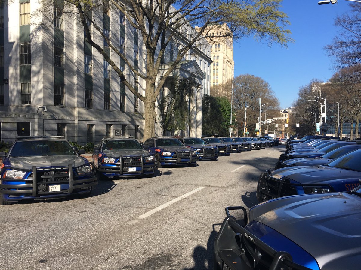 VinceSimsNBC5's tweet photo. Heavy police presence at the capitol on the day of the heartbeat bill on Senate floor.  Some representatives apologized to peaceful protestors for this display of units. ⁦@cbs46⁩ #gapol https://t.co/IgzfRjPuaG