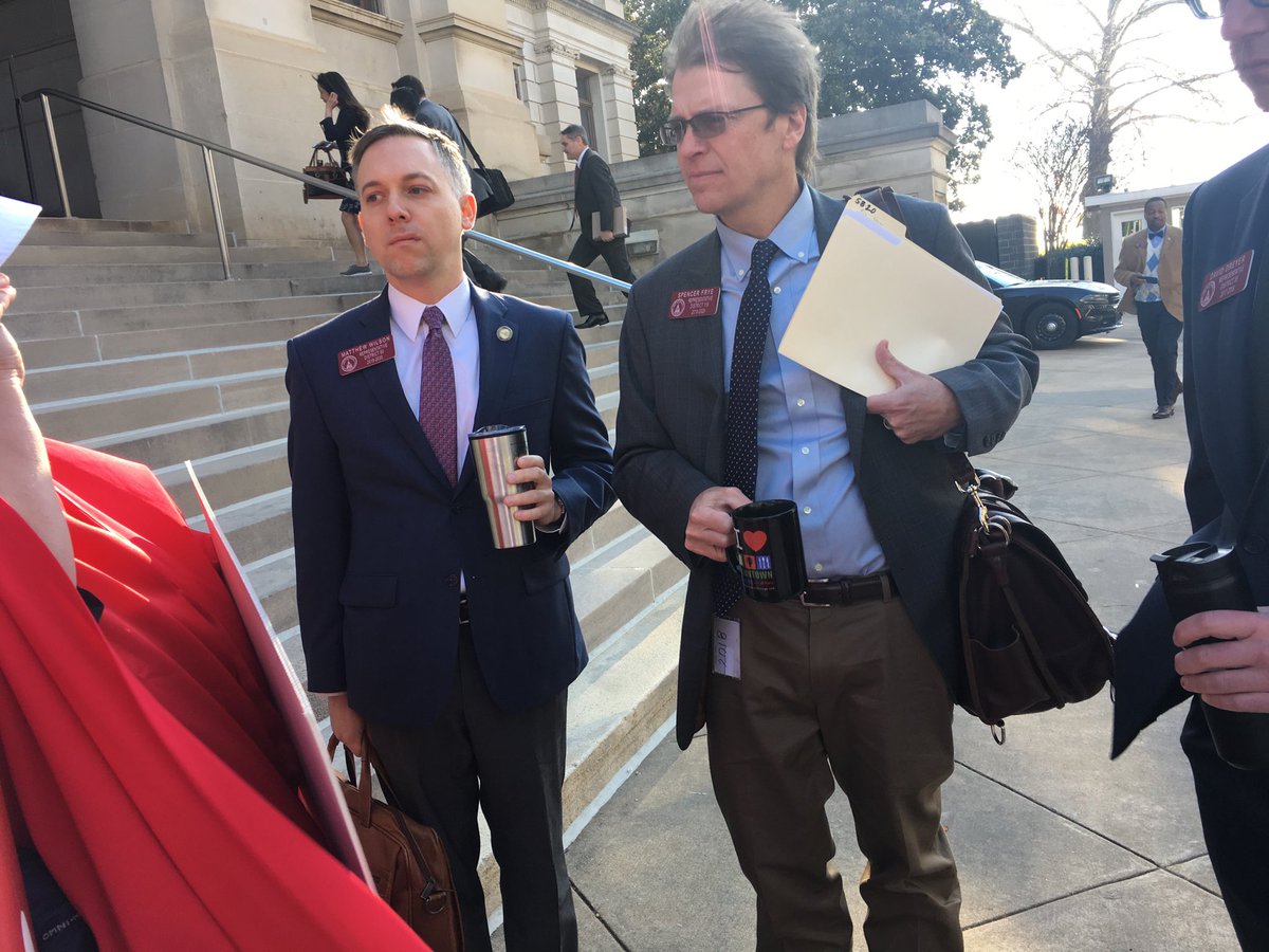 VinceSimsNBC5's tweet photo. Heavy police presence at the capitol on the day of the heartbeat bill on Senate floor.  Some representatives apologized to peaceful protestors for this display of units. ⁦@cbs46⁩ #gapol https://t.co/IgzfRjPuaG