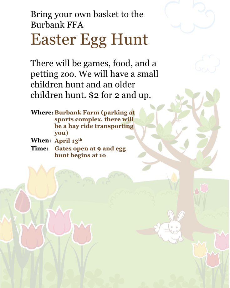 burbank_ffa's tweet photo. Bring your own basket for the Burbank FFA Easter Egg Hunt on April 13th. Gates open at 9am and hunt begins at 10am.  @SAISDBurbankHS @SAISD @SAISDCTE https://t.co/1XvLHvQHWI