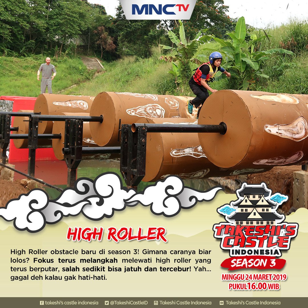 Obstacle yang baru Highroller! Cara melewaati fokus melangkah melewati high roller yang berputar tanpa salah perhitungan, salah sedikit ups kecebur deh~ #TAKESHICASTLEINA3 sedang tayang di <a href="/official_mnctv/">MNCTV</a>.