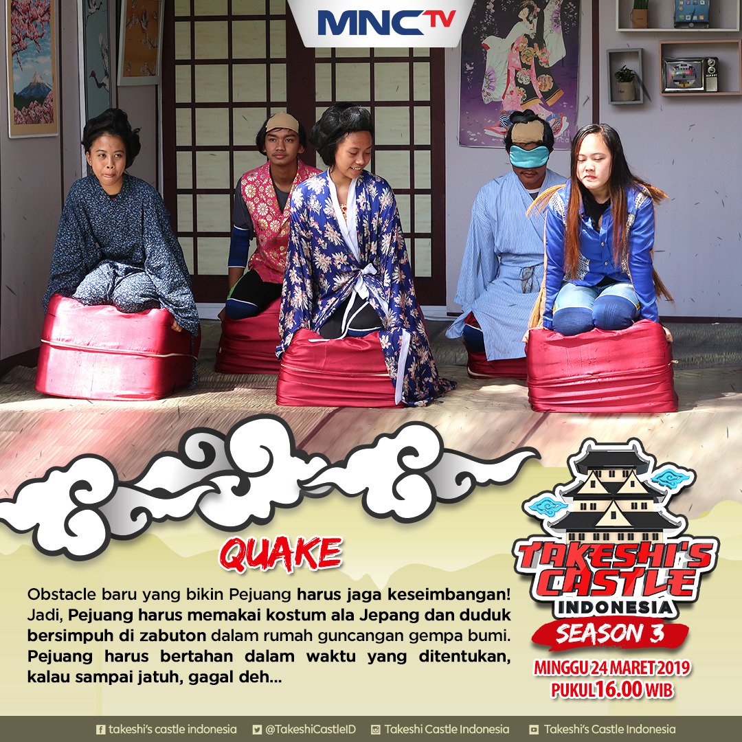 Obstacle baru, Quake! Pejuang harus memakai kostum ala Jepang dan duduk di atas zabuton dalam rumah dengan guncangan gempa! Yuk lihat aksi kocaknya di #TAKESHICASTLEINA3 <a href="/official_mnctv/">MNCTV</a> sekarang!