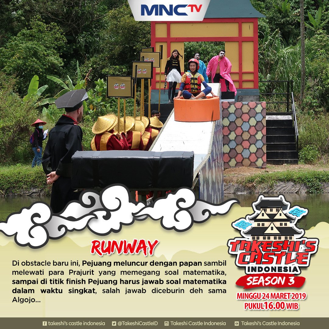 Runaway Obstacle baru! Siapa yang jago matematika pasti bisa~ Pejuang akan meluncur dengan papan sambil melewati papan soal matematika. Kalau salah jawab kecebur! #TAKESHICASTLEINA3 di <a href="/official_mnctv/">MNCTV</a>.