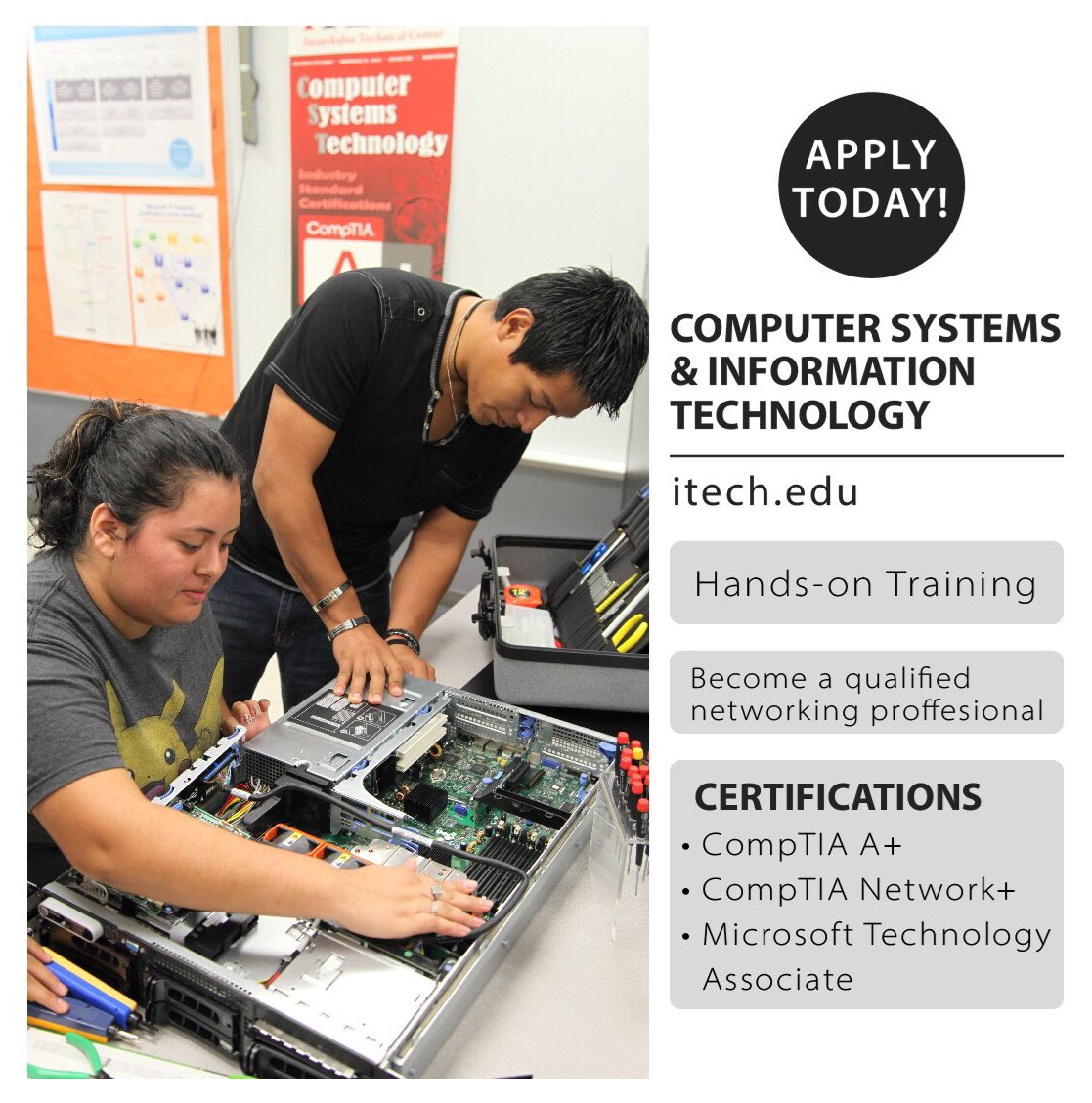 iTECH_College's tweet photo. The Computer Systems &amp; Information Technology program covers basic to advanced concepts dealing with setup, configuration, maintenance, optimization, troubleshooting, and repair. Apply today! For more info visit https://t.co/EvsYQCDLf4
#itechcollege #computerscience #technology https://t.co/vfXDaz2QrN
