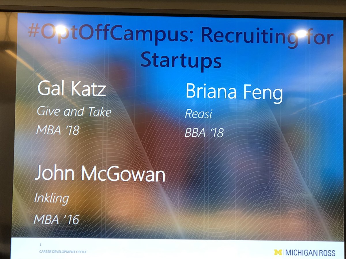 Another AMAZING startup panel hosted by <a href="/ZellLurie/">Zell Lurie Institute for Entrepreneurial Studies</a> &amp; <a href="/MichiganRoss/">Ross School of Business</a> Career Development Office! <a href="/UMich/">University of Michigan</a> alumni from <a href="/Giveandtakeinc/">GiveandTake</a> <a href="/inkling/">Inkling, an Echo360 solution</a> <a href="/ReasiTeam/">Reasi</a> provide advice on how to break into the startup scene. #startups #GoBlue