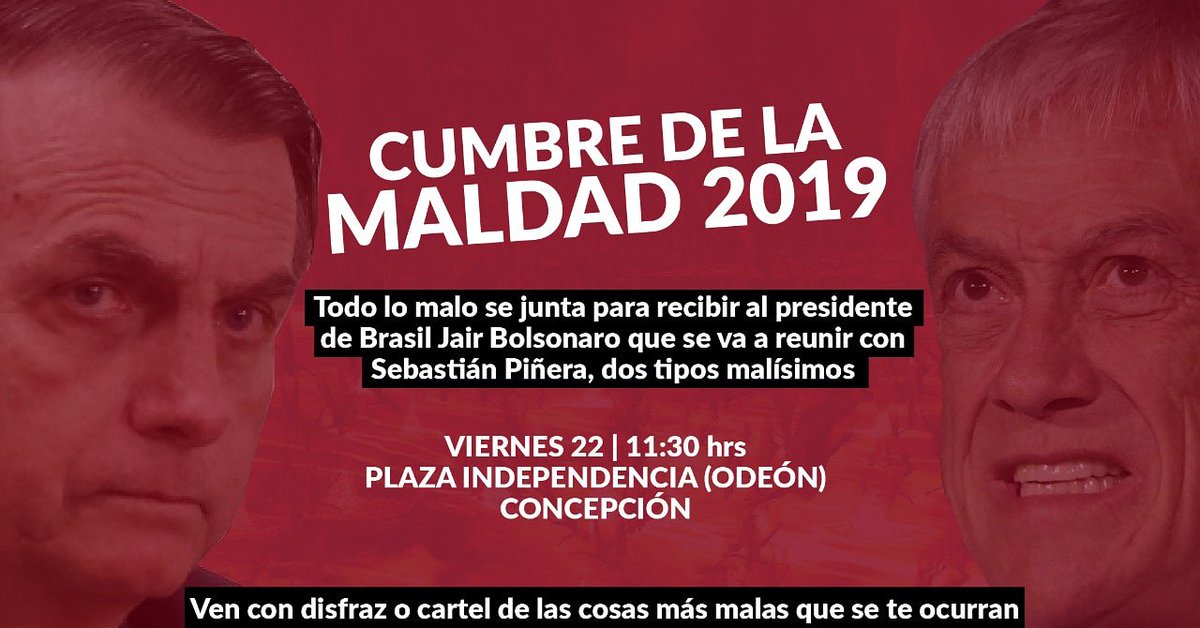 FERD_Biobio's tweet photo. Pronto comenzamos la #CumbreDeLaMaldad 2019 en #Concepción. 
Recibiendo a los líderes del mal que aterrizan hoy en Chile 
#BolsonaroPersonaNonGrata https://t.co/QAbkpnUAfZ