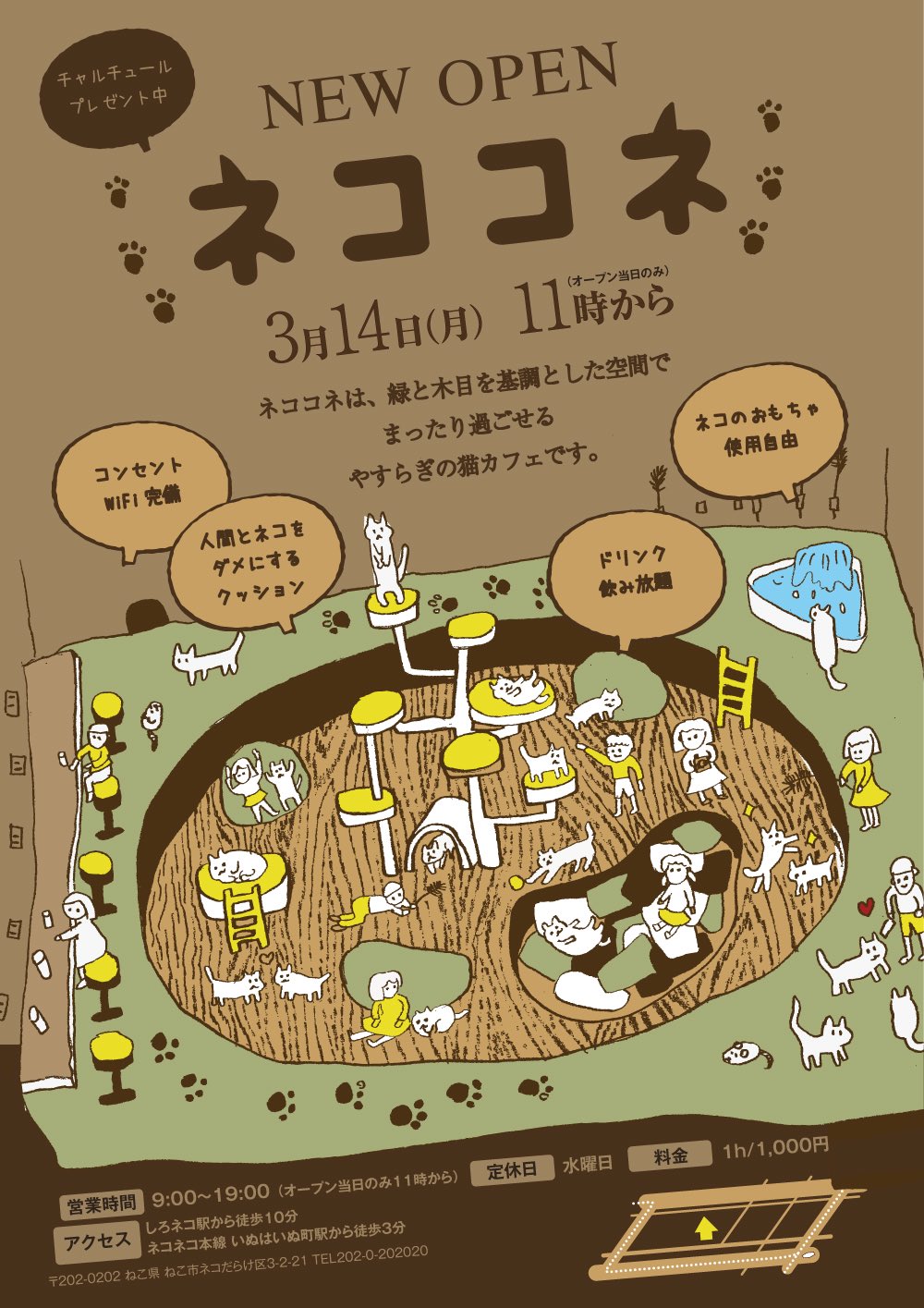 バナナマップ ねこカフェイラストマップ制作 こんなフロアマップイラスト描きますし チラシにするとこんな感じになります イラストレーション イラスト Drawing Illustration Hagiwaratomoyo マップ Japan Art 古屋知世 マップイラスト ネコ