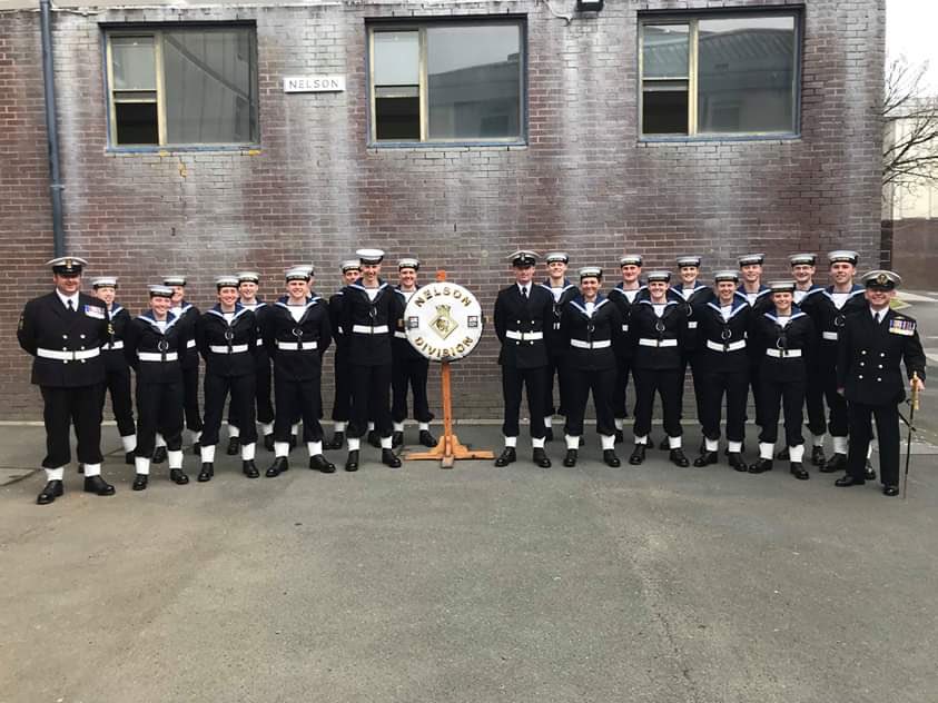 HMS_Raleigh's tweet photo. Here’s the #Nelson30s ready for their parade together with a picture of their Divisional staff.  Today is WO Foster’s final parade before he leaves for his next draft.  In his time at HMS Raleigh, he’s taken around 1,000 recruits through training. @HMSQNLZ @CaptDavidGeorge https://t.co/RsftMCQNp2