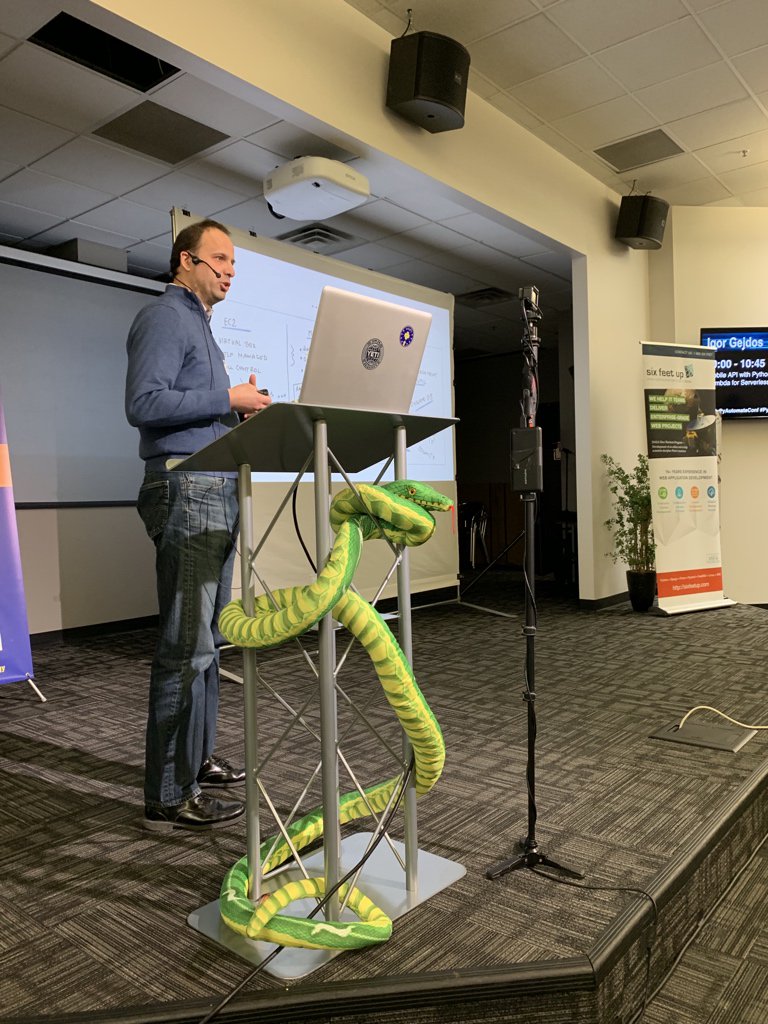 calvinhp's tweet photo. Great CLI tips from Igor Gejdos at #IndyPyAutomateConf for interacting with Lambda and API Gateway. Love that you can grab the cloud watch logs to your local machine via the sls command. https://t.co/zNfq9OepTB