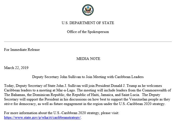 Deputy Secretary John Sullivan to Join Meeting with Caribbean Leaders