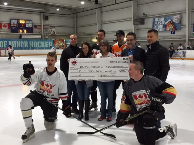 Fire on ice. Huge thanks to Burl firefighters @IAFF1552 @BPFA_Benevolent who scored big for HLF and @HaltonDSB students!