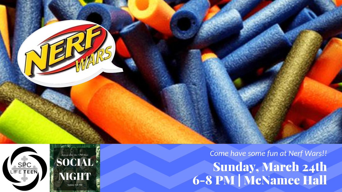 SPCYM's tweet photo. Are you coming to the #NerfWars social this Sunday? It's going to be a blast! Please RSVP to let us know if you'll be there. Thanks! 
#spclifeteen #spcymevents
https://t.co/gVS5sx3KQf https://t.co/S8ZdY3bn6i