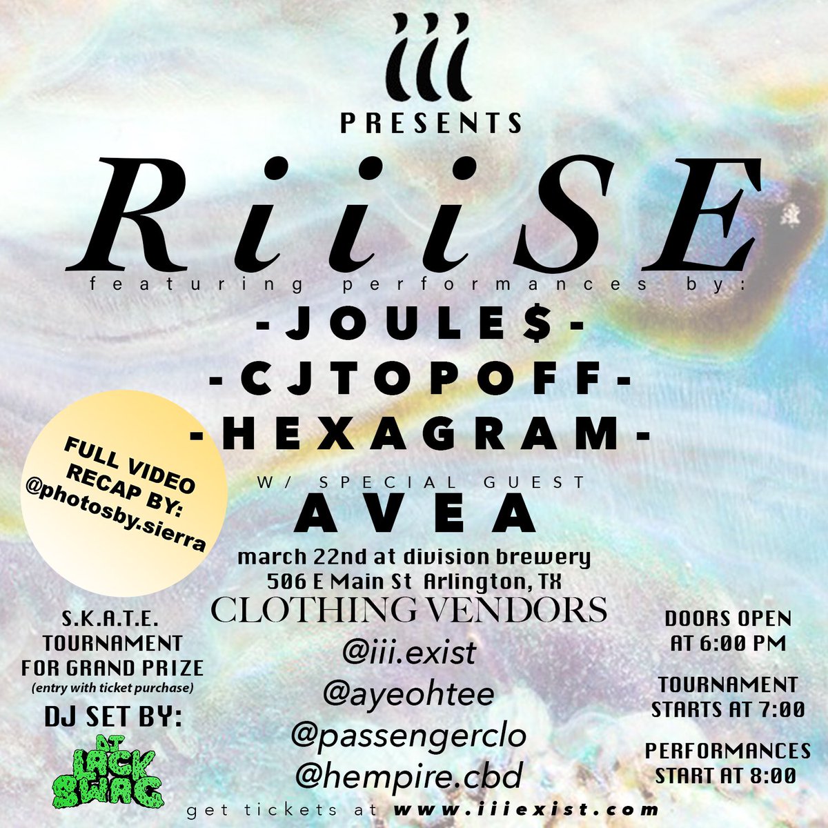 iiiexistcom's tweet photo. HOSTING OUR FIRST EVENT OF THE YEAR 

#RiiiSE

3/22/19 AT @DivisionBrewing 

506 E MAIN ST. ARLINGTON, TX

ALL AGES

DOORS OPEN AT 6PM

TICKETS AT https://t.co/HgjH83PKcc

-MUSIC
-CLOTHES
-SKATE COMP

MUST BUY TICKET TO GAME OF SKATE https://t.co/214UF8A8F3